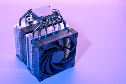 Computer fan. modern powerful cooler for cooling the CPU. Processor cooling system. concept of PC hardware. Air cooler of a personal computer processor close-up. Copy space