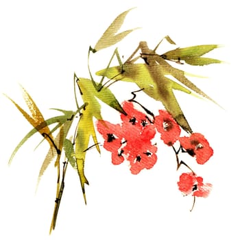 Watercolor branch with flowers and leaves. Floral painting on white background.
