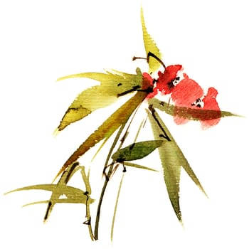 Watercolor branch with flowers and leaves. Floral painting on white background.