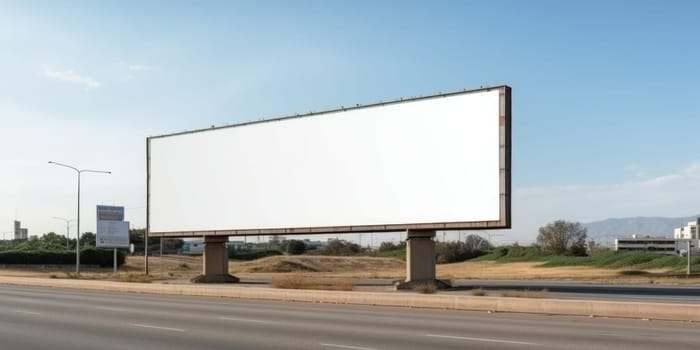 Empty white billboard signage advertising signs on the side of highway. Mockup advertisement concept. Generative ai.