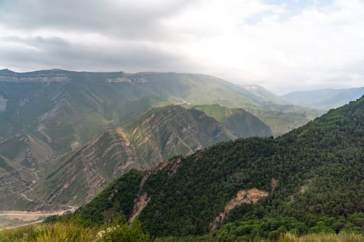 Caucasian mountain. Dagestan. Trees, rocks, mountains, view of the green mountains. Beautiful summer landscape