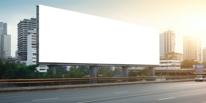 Empty white billboard signage advertising signs on the side of highway. Mockup advertisement concept. Generative ai.