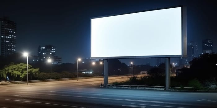 Empty white billboard signage advertising signs on the side of highway. Mockup advertisement concept. Generative ai.