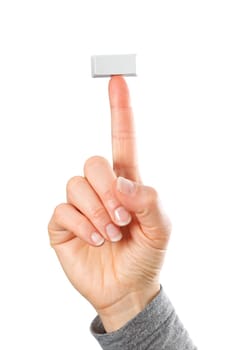 Blank rectangular button on hand