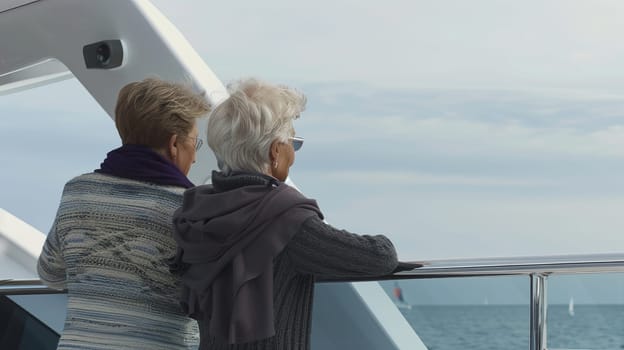 Elderly caucasian women enjoying scenic ocean view from boat.