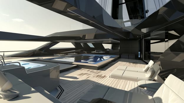 Luxurious modern yacht deck with jacuzzi and lounge chairs on sleek design vessel.
