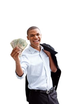 Happy man showing money