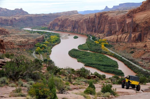Jeep Travels Down Rugged Moab Rim Trail