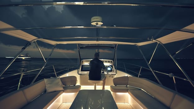 Male captain navigating yacht at night through stormy seas under dark sky.