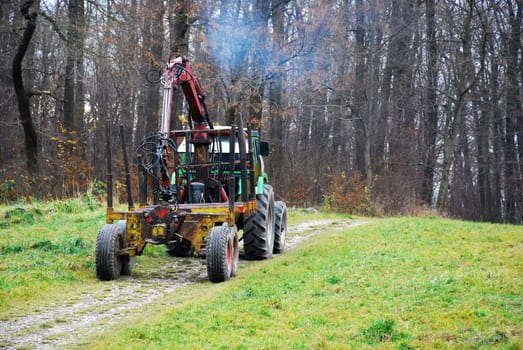 Tractor drives on meadow