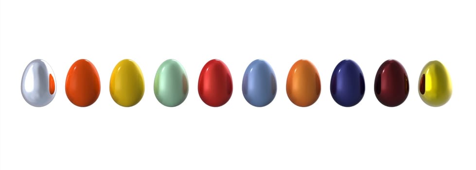 Colored eggs in line on white