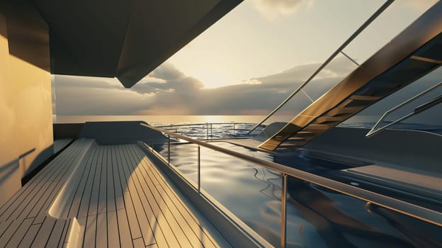 Luxurious yacht deck at sunset with serene ocean view.