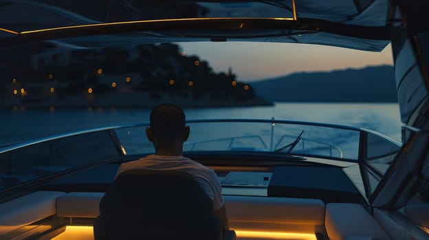 Caucasian male enjoying evening boat ride on serene waters at dusk.