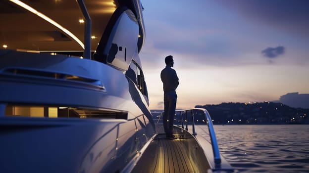 Caucasian male adult stands on luxury yacht at sunset overlooking ocean horizon.