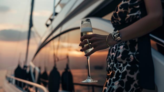 Female enjoying sunset on luxury yacht with champagne glass.