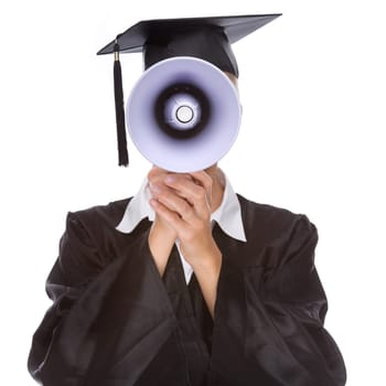University graduate with megaphone