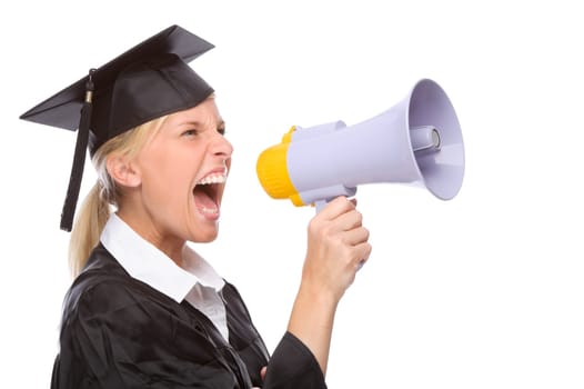 University graduate with megaphone