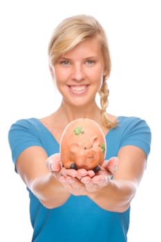 Woman with piggy bank