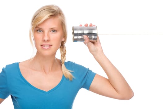 Woman with can phone