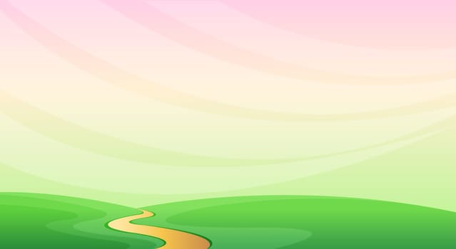 road on the green lawn and pink sky