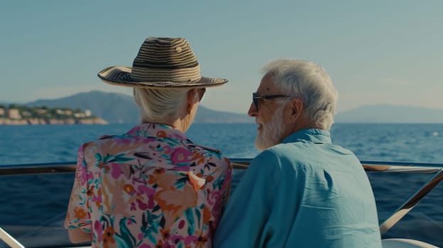 Elderly caucasian couple enjoys scenic ocean view on a boat ride.