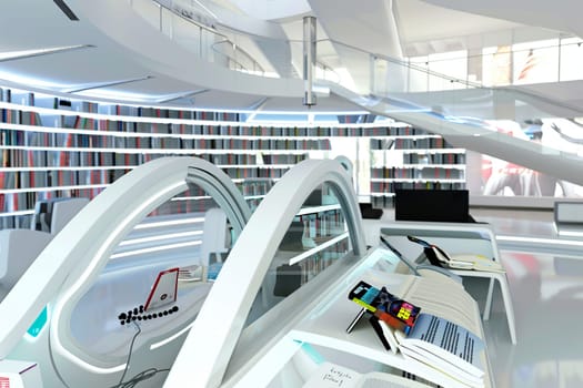 Futuristic library with modern architecture and innovative design.