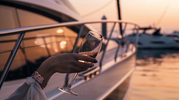 Caucasian female hand holding champagne glass on luxury yacht at sunset.