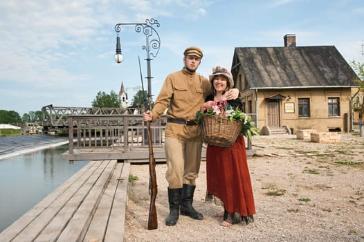 Couple of lady and soldier in retro styl