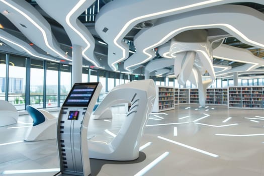 Futuristic library interior with digital kiosk and modern architecture