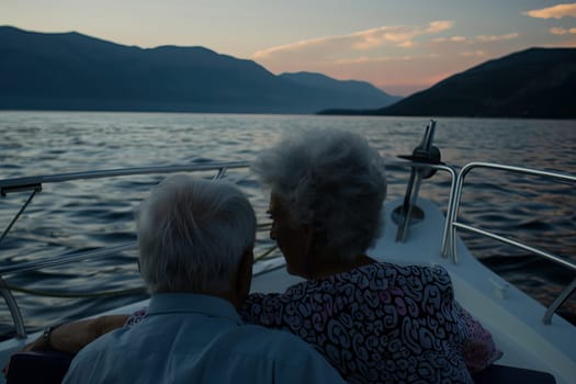 Elderly caucasian couple enjoying sunset on a boat in tranquil lake.