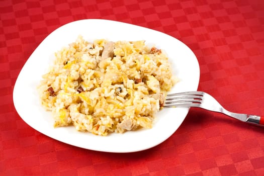 Meal with sauerkraut, rice and meat