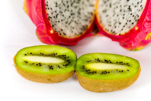 Pitahaya,kiwi and pineapple on white