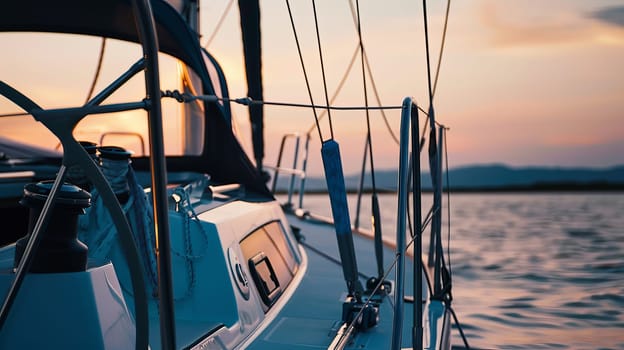 Sailing yacht at sunset on serene waters with mountain views.