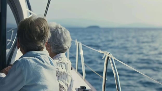 Mature caucasian couple enjoying a peaceful sail on a calm sea.