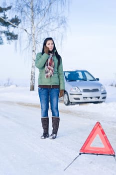 Winter car breakdown - woman call for help