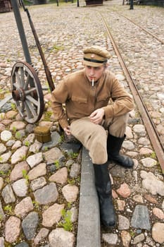 Retro style picture with smoking soldier