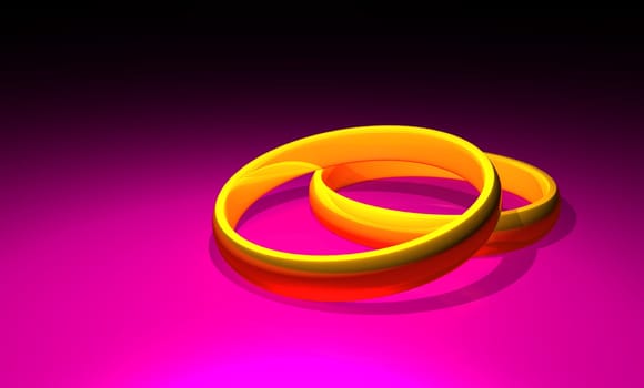 Two gold wedding rings on pink