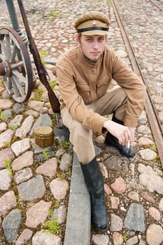 Retro style picture with smoking soldier
