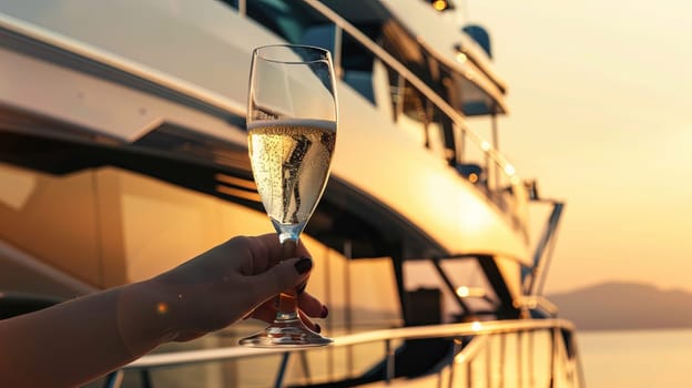 Woman holding champagne glass on luxury yacht during sunset.