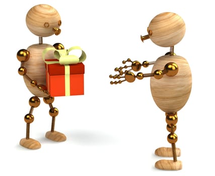 Wood man with gift box