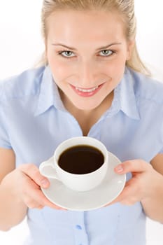 Cheerful young woman with coffee