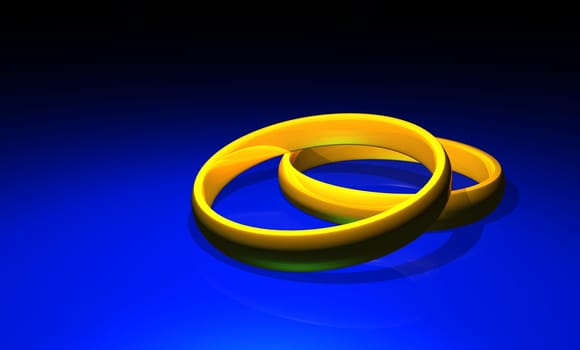 Two gold wedding rings on blue