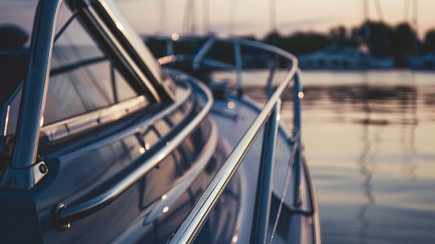 Gleaming yacht railings reflecting sunset on calm marina waters.