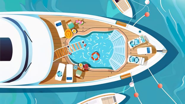 Luxury yacht with pool and sun loungers on a clear blue sea.
