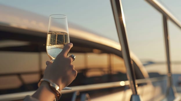 Close-up of hand holding champagne glass on luxurious yacht at sunset.
