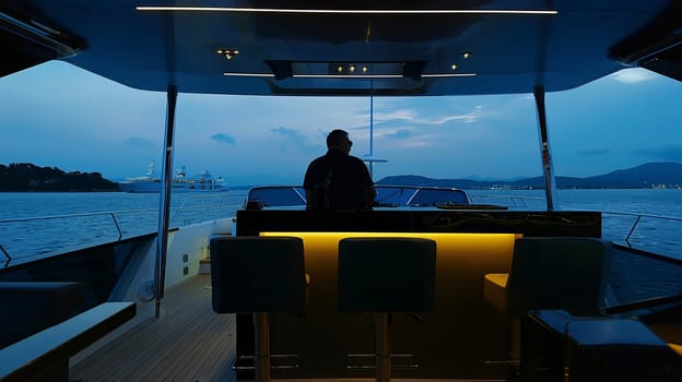 Silhouette of male at yacht bar with scenic ocean and mountain view at twilight.