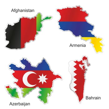 isolated asian flags in map shape