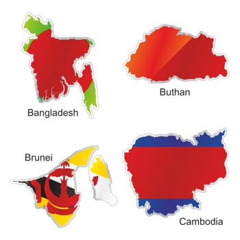 isolated asian flags in map shape