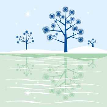 trees reflecting in frozen lake