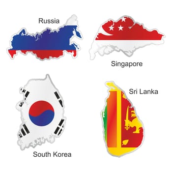isolated asian flags in map shape